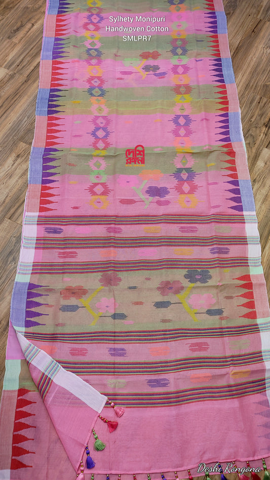 Sylhety Monipuri Handwoven Cotton Saree – Pink & Lime Contrast