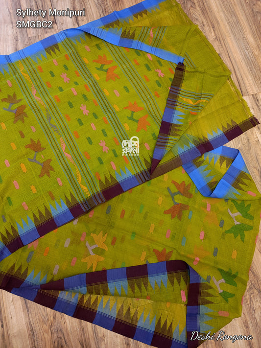 Sylheti Monipuri Handwoven Cotton Saree – Olive & Blue Coffee