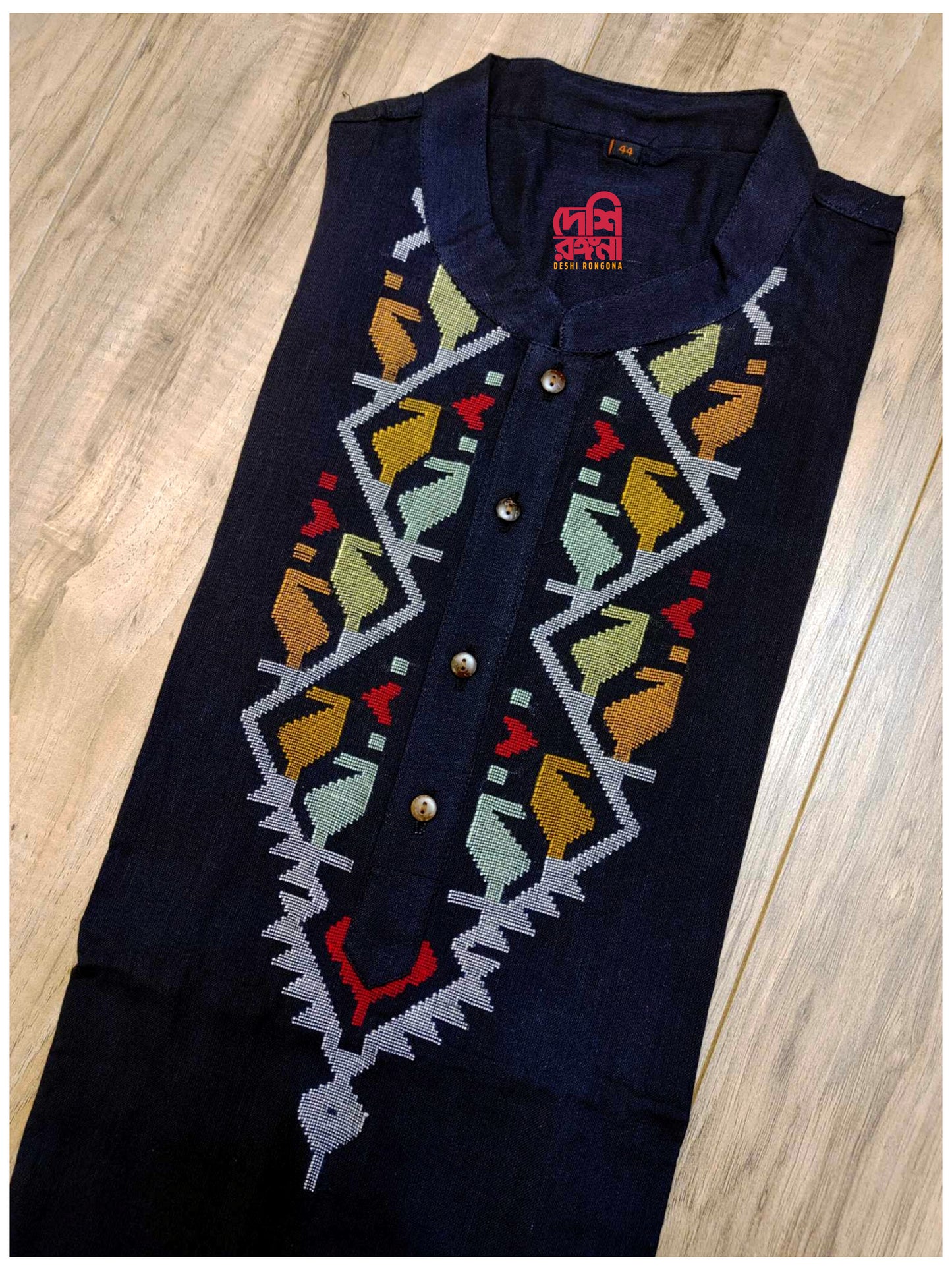Original Dhakai Jamdani Men Punjabi, Black-Pure Cotton