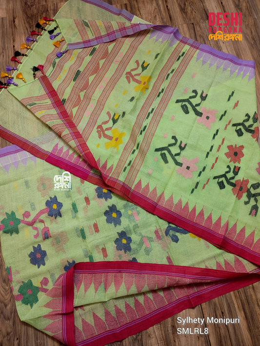 Sylheti Monipuri Handwoven Cotton Saree – Key Lime & Lavender