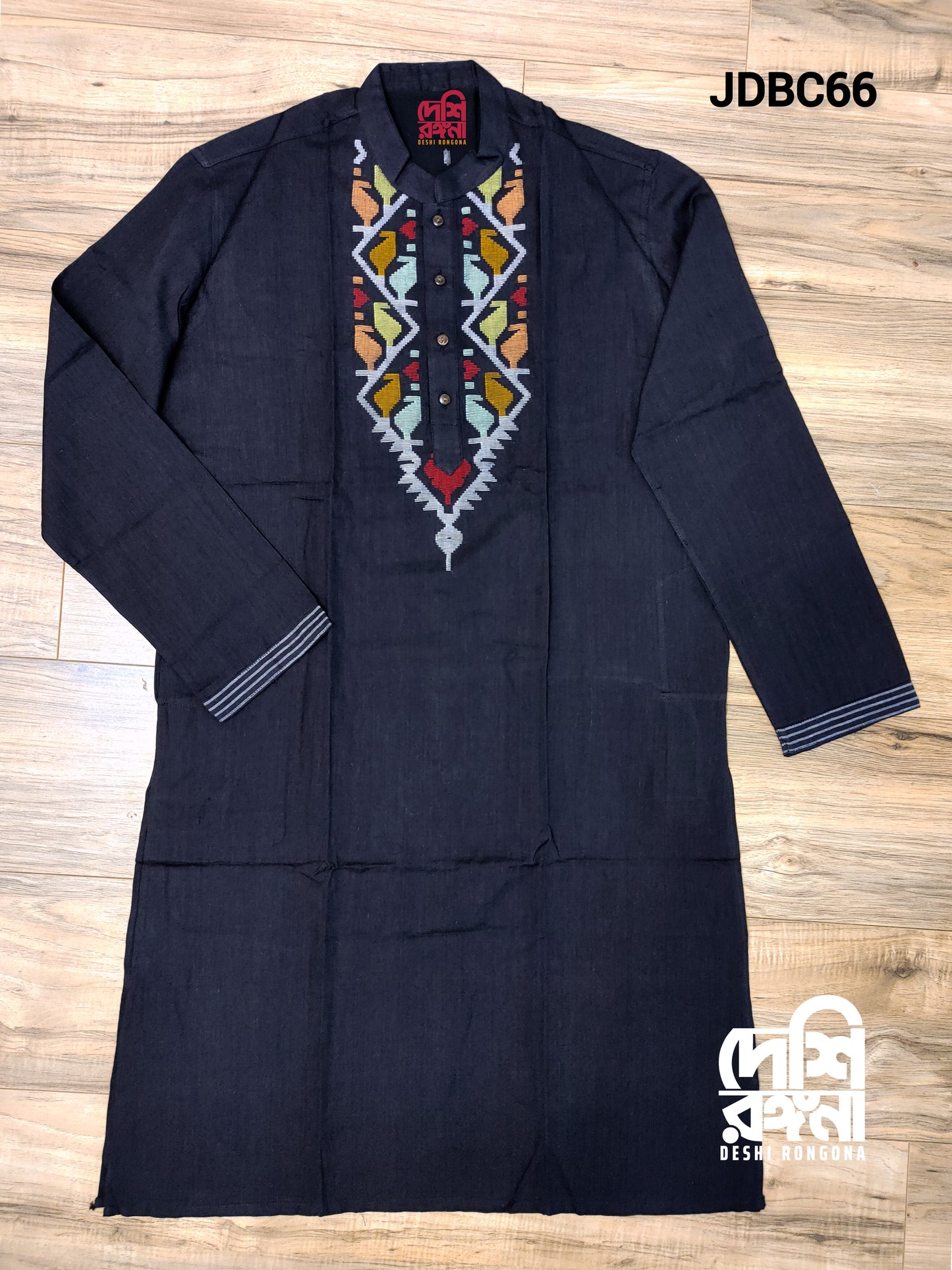 Original Dhakai Jamdani Men Punjabi, Black-Pure Cotton