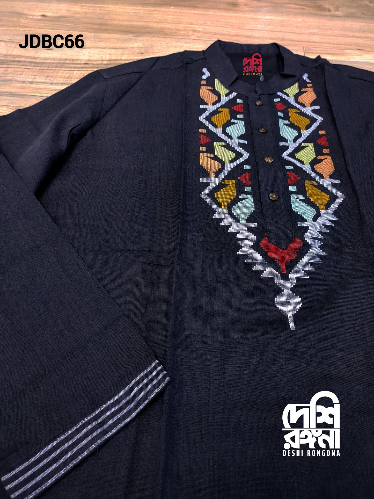 Original Dhakai Jamdani Men Punjabi, Black-Pure Cotton