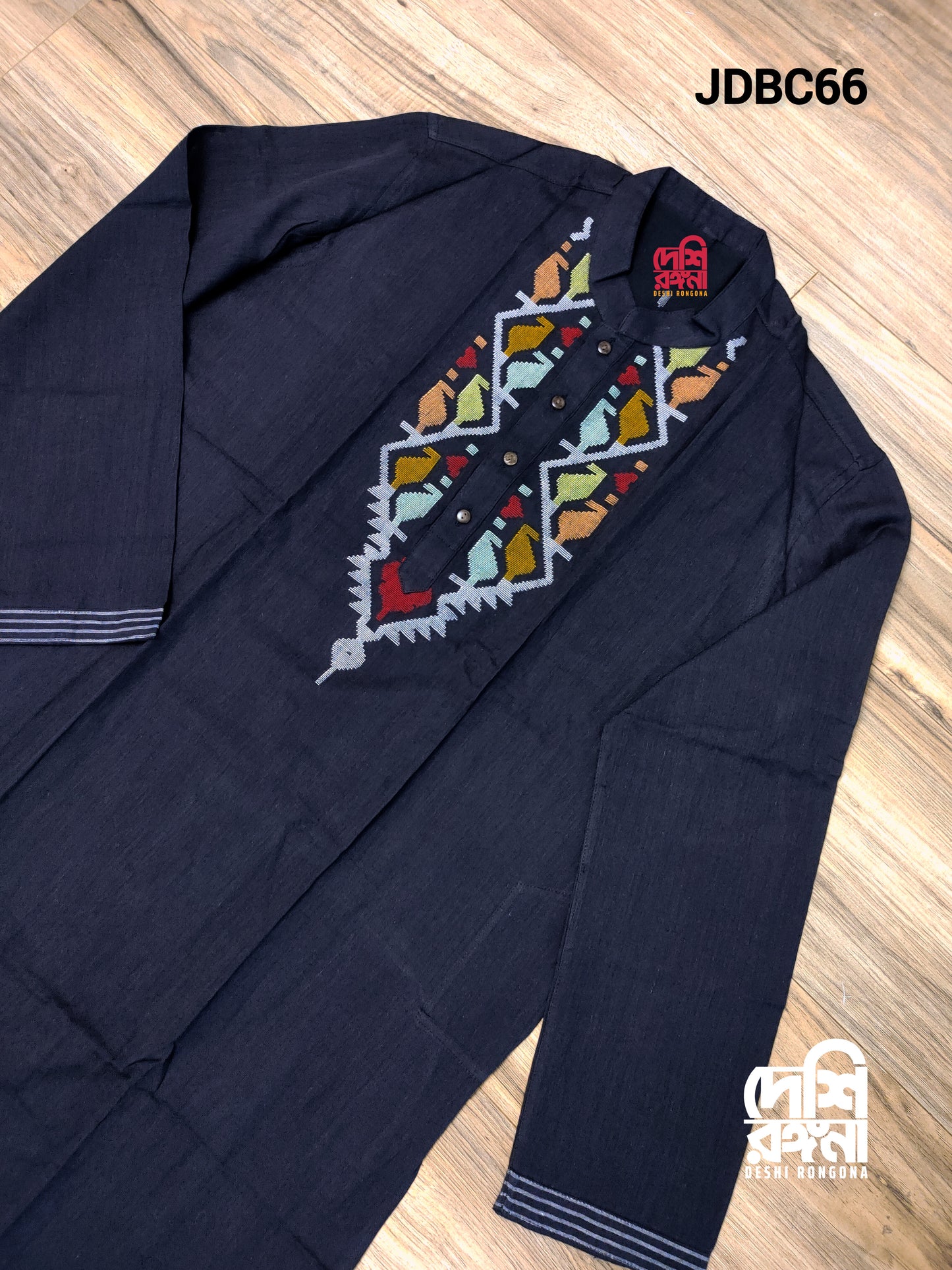 Original Dhakai Jamdani Men Punjabi, Black-Pure Cotton