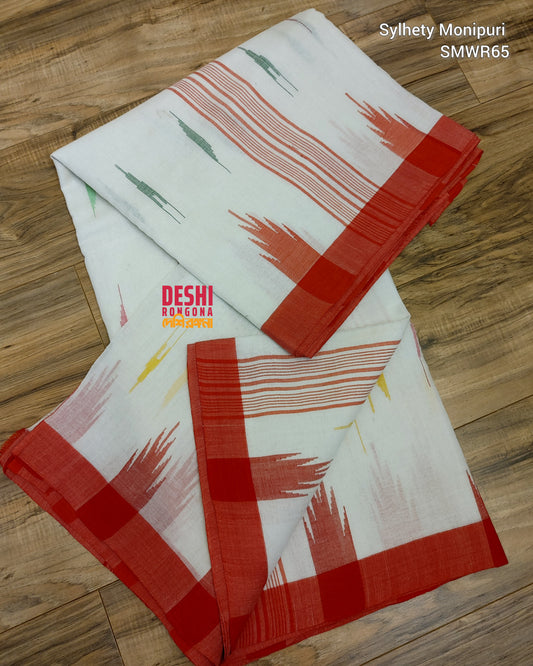 Sylheti Monipuri Handwoven Cotton Saree – Off White & Red
