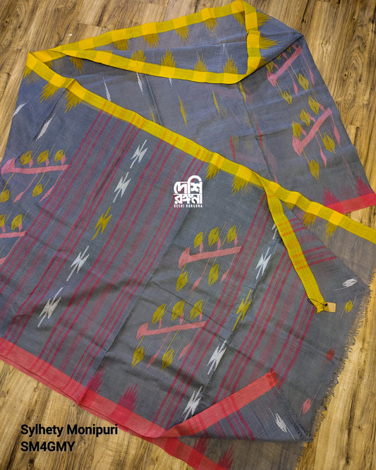 Gray Monipuri Cotton Saree with Ganga Jamuna Border