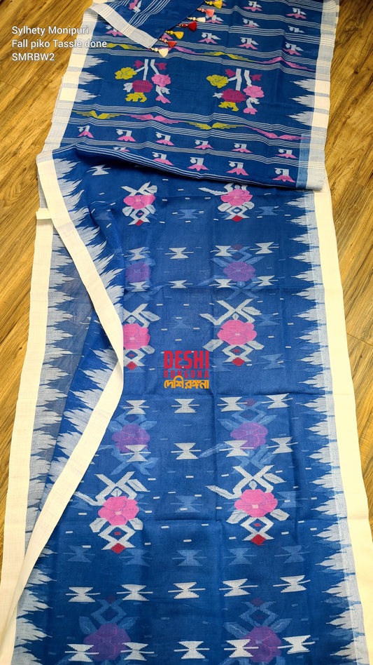 Sylheti Monipuri Handwoven Cotton Saree - Royal Blue