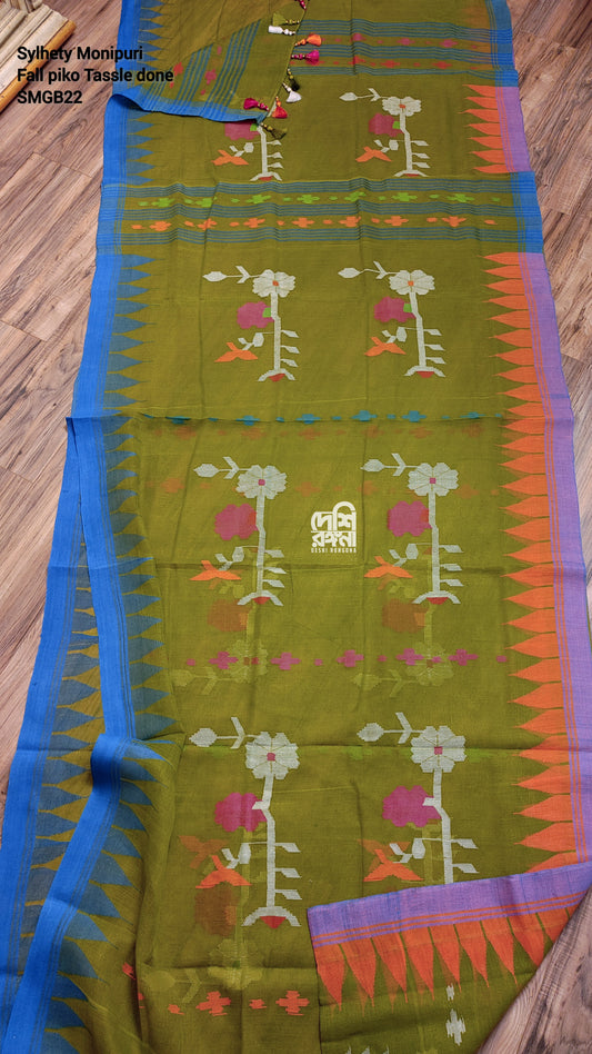 Sylheti Monipuri Handwoven Cotton Saree - Olive & Blue