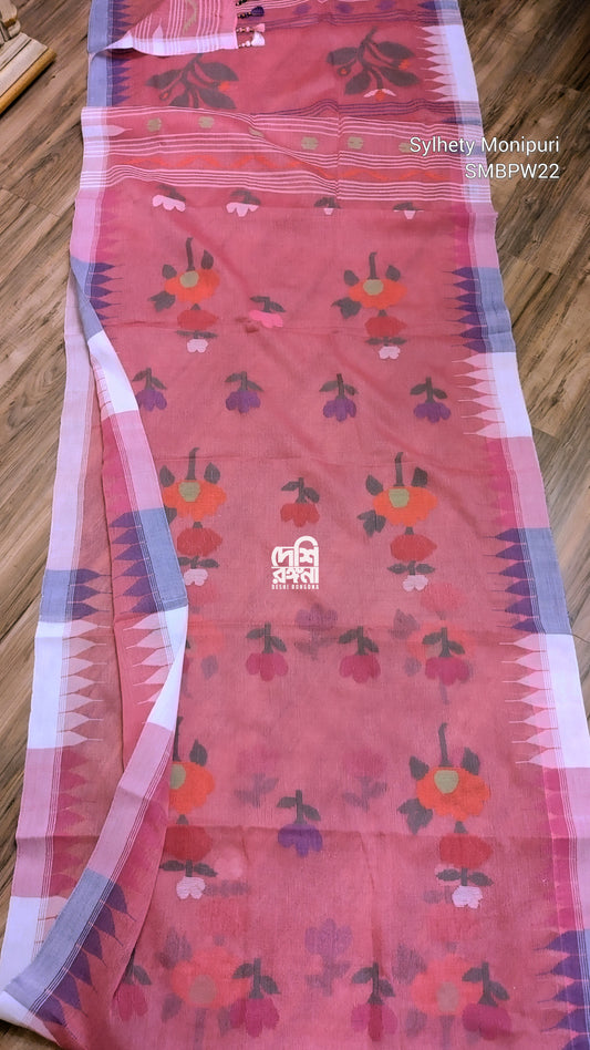 Sylheti Monipuri Handwoven Cotton Saree – Watermelon Pink