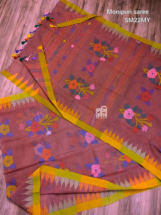Sylheti Monipuri Handwoven Cotton Saree - Dusty Rose