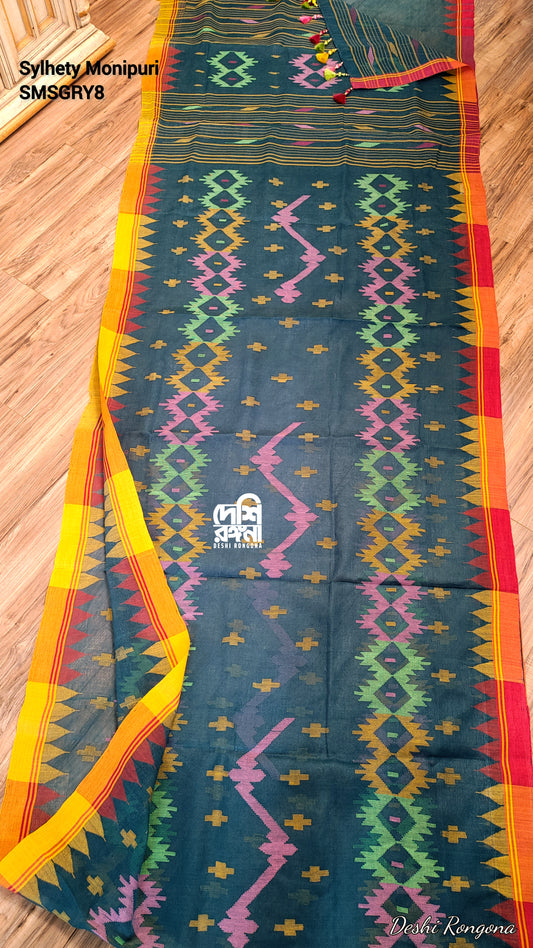 Sylheti Monipuri Handwoven Cotton Saree – Sea Green Beauty