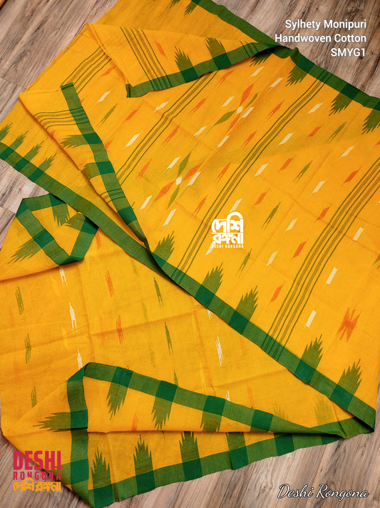 Sylheti Monipuri Handwoven Yellow Cotton Saree with Green Border