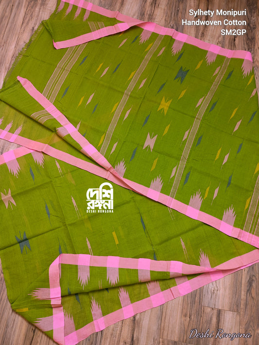 Olive Monipuri Cotton Saree with Pink Woven Border