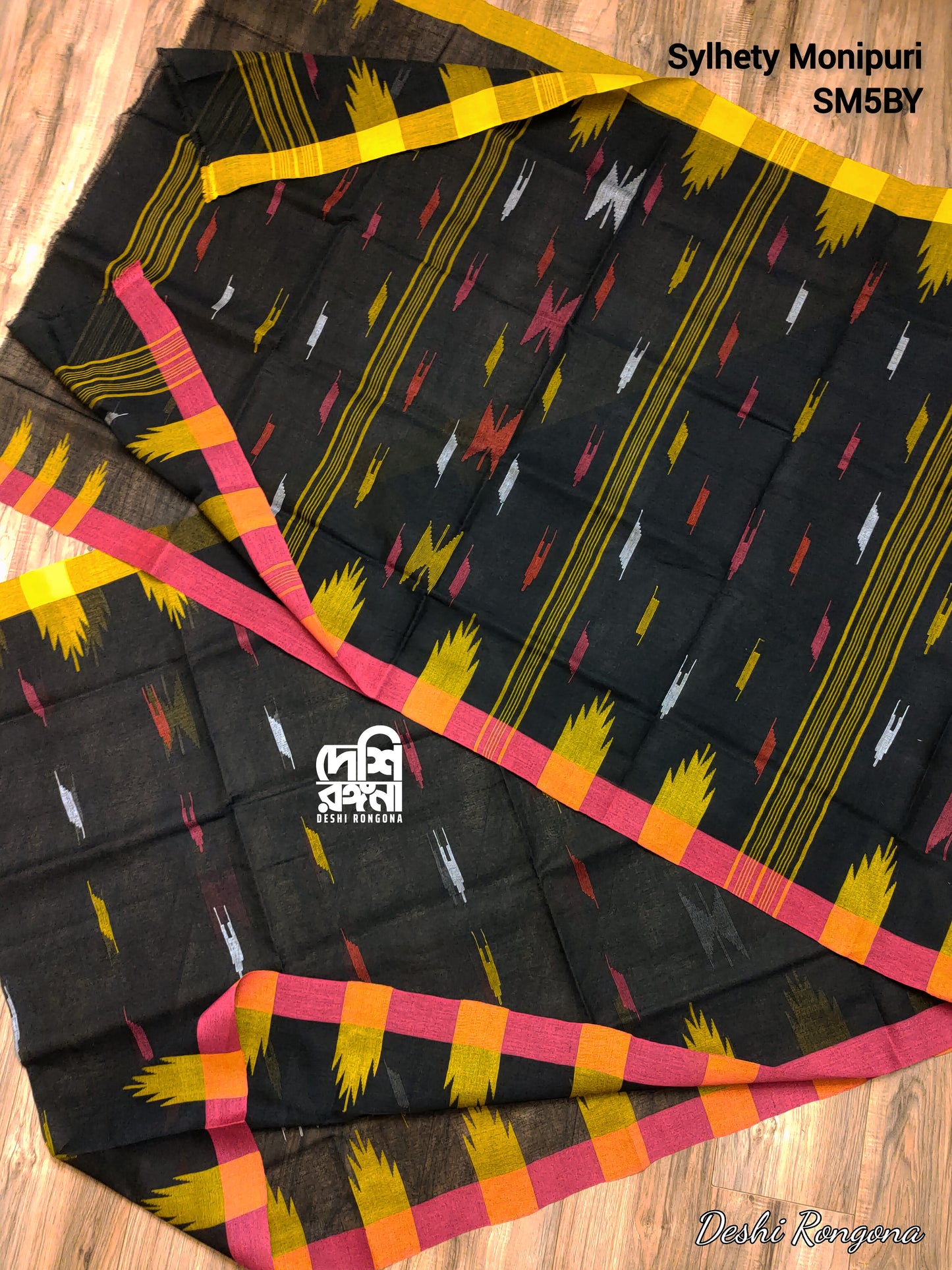 Sylheti Monipuri Cotton Saree – Black Ganga Jamnuna Handwoven