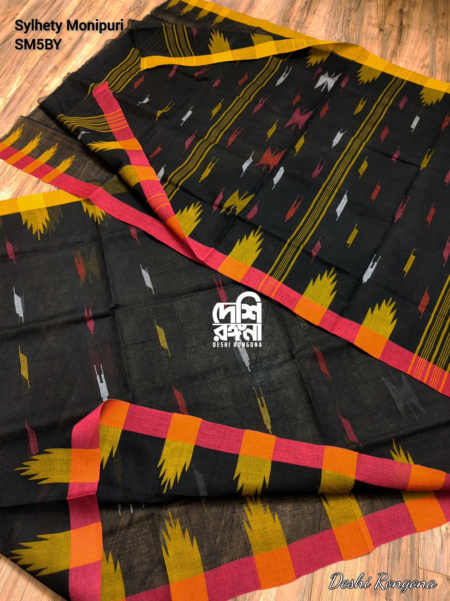 Sylheti Monipuri Cotton Saree – Black Ganga Jamnuna Handwoven