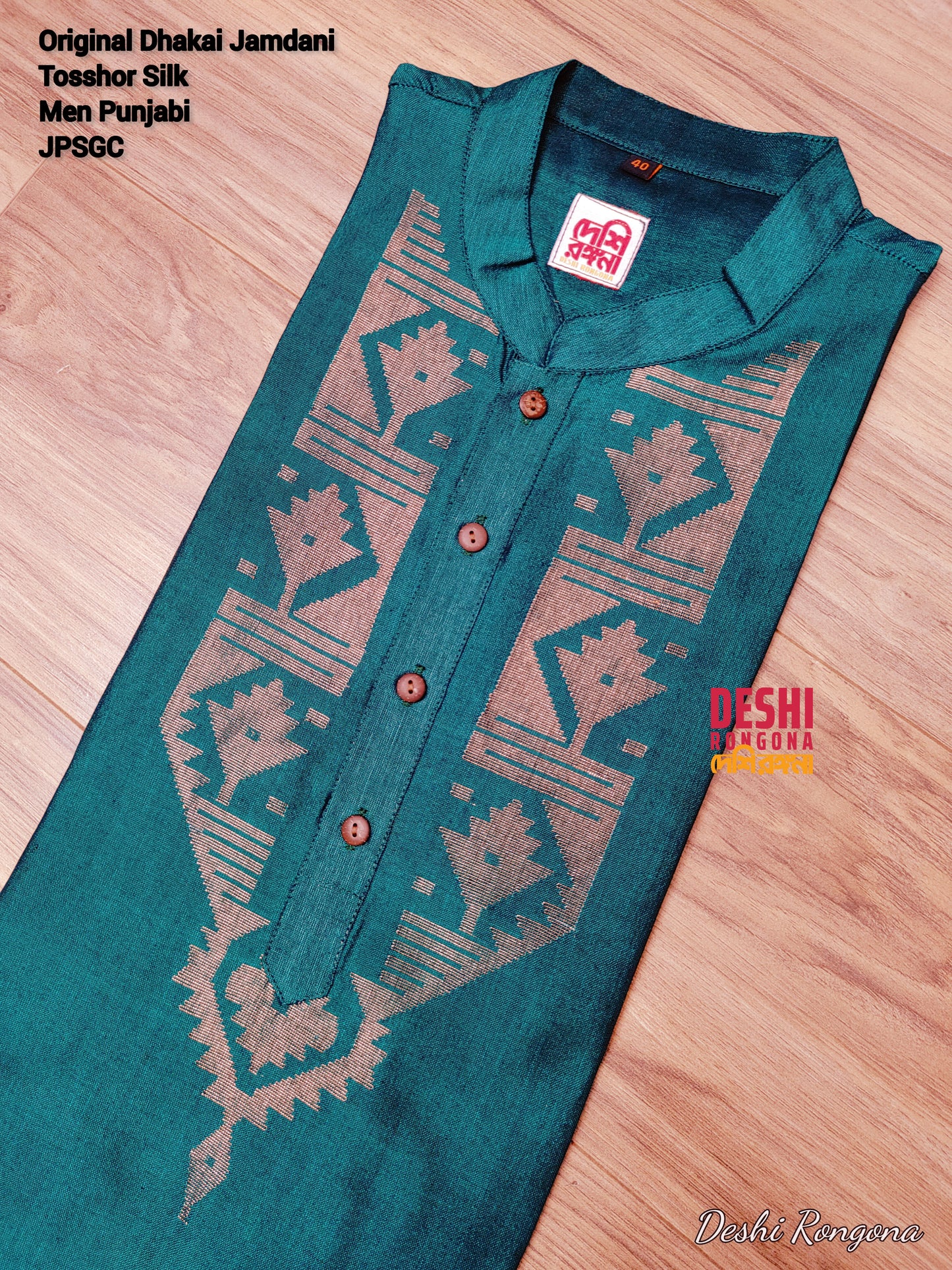 Original Dhakai Jamdani Punjabi – Handwoven Tosshor Silk, Sea Green