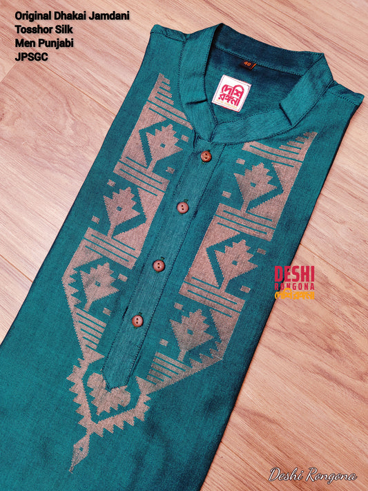 Original Dhakai Jamdani Punjabi – Handwoven Tosshor Silk, Sea Green