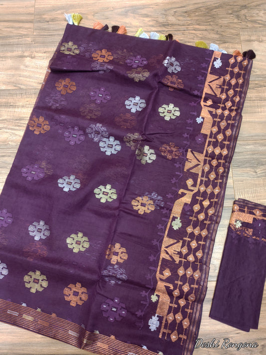 Original Dhakai Jamdani Saree - Plum Purple
