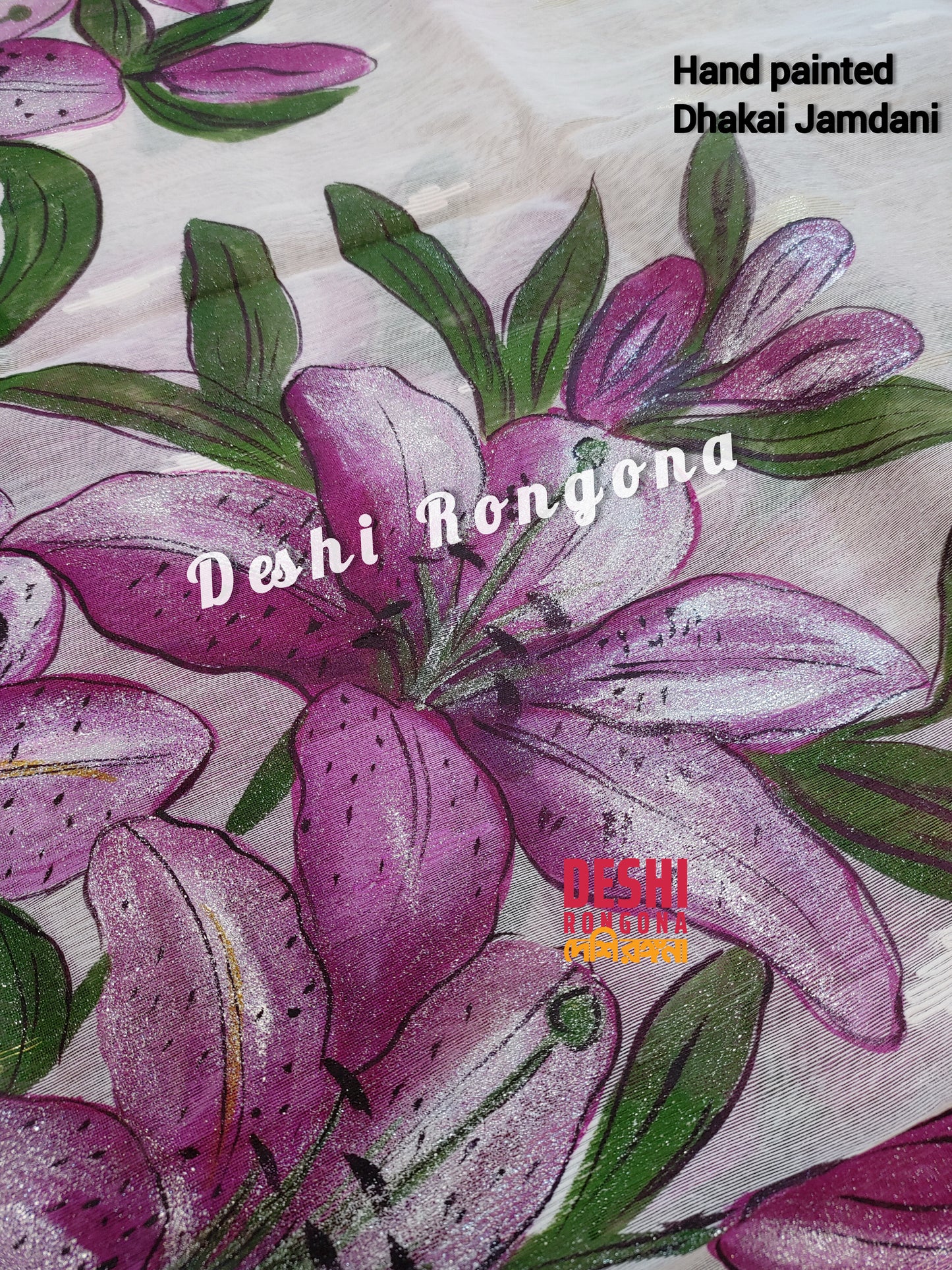 Handpainted Jamdani, Original Dhakai Saree | Pink Lily Theme