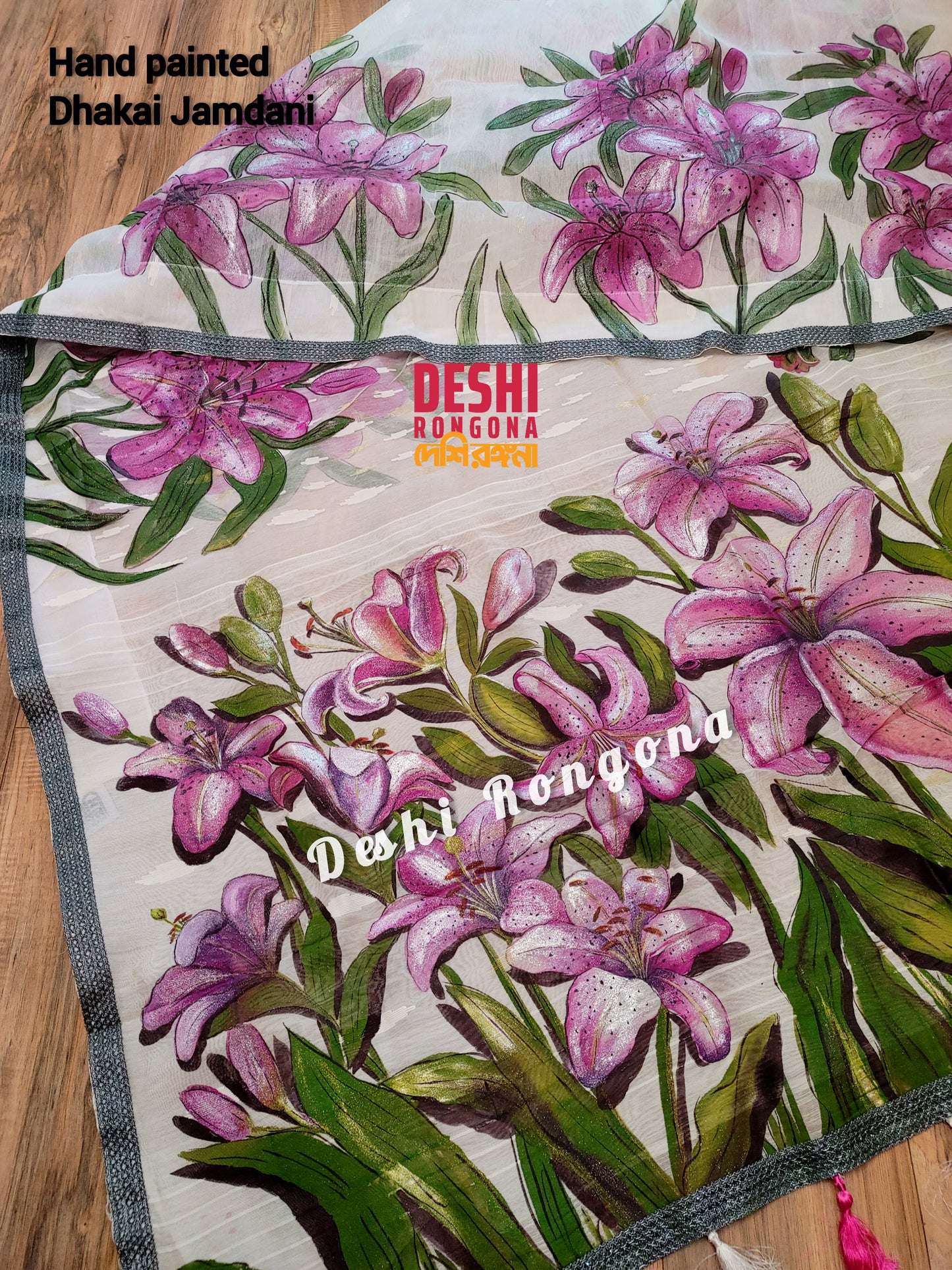 Handpainted Jamdani, Original Dhakai Saree | Pink Lily Theme