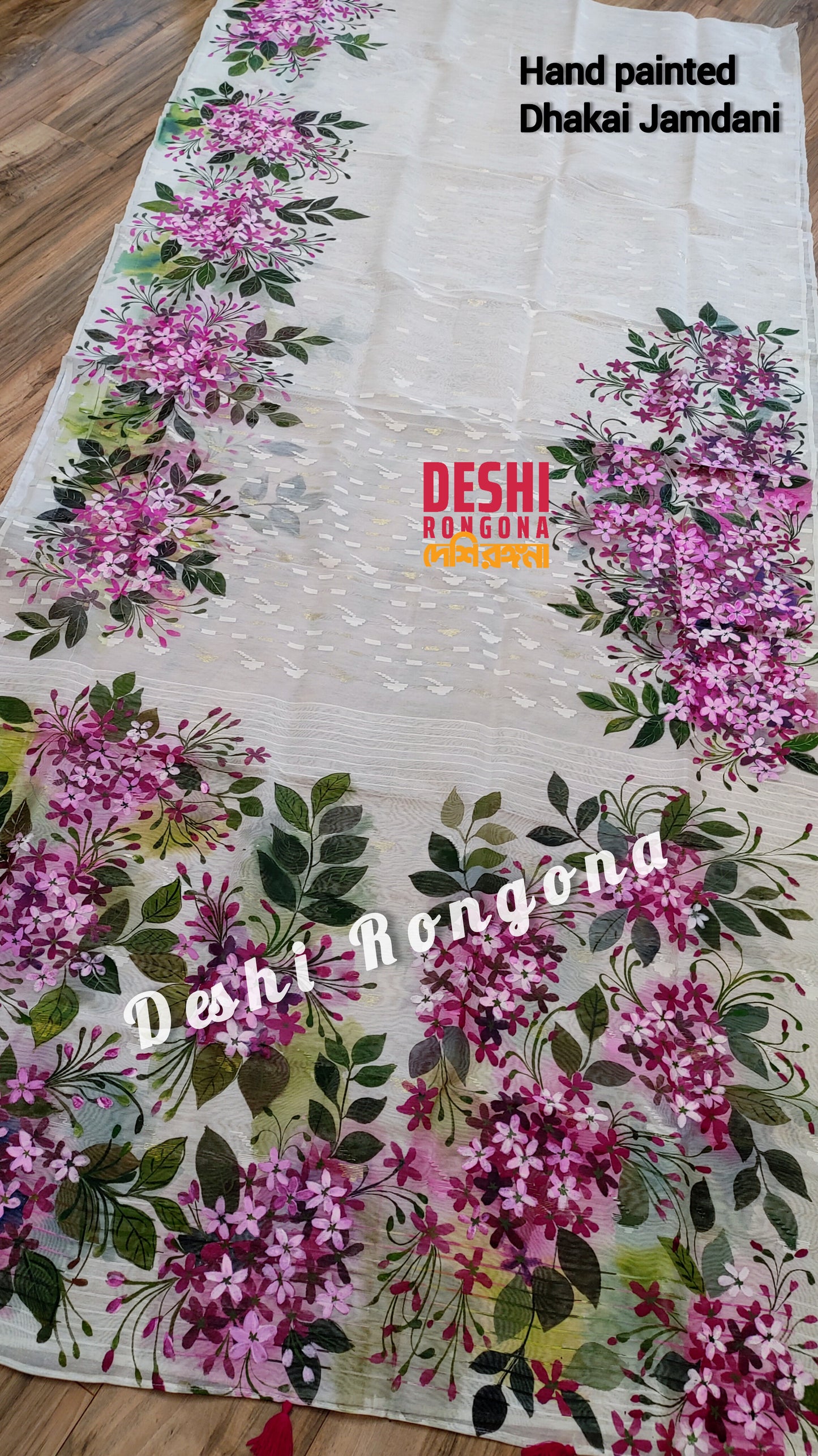Handpainted Jamdani, Original Dhakai Saree | Madhobi (honeysuckle) Theme
