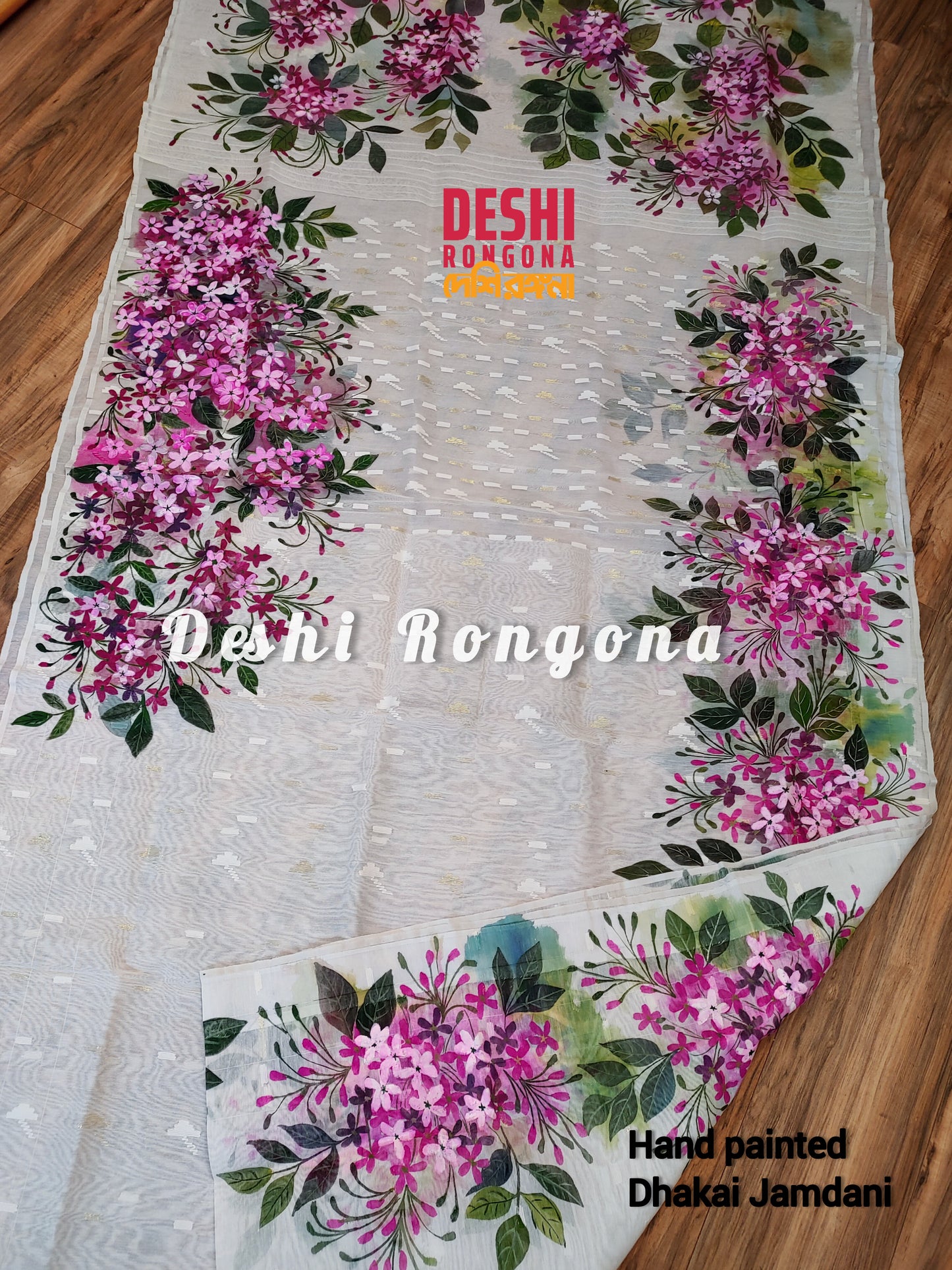 Handpainted Jamdani, Original Dhakai Saree | Madhobi (honeysuckle) Theme