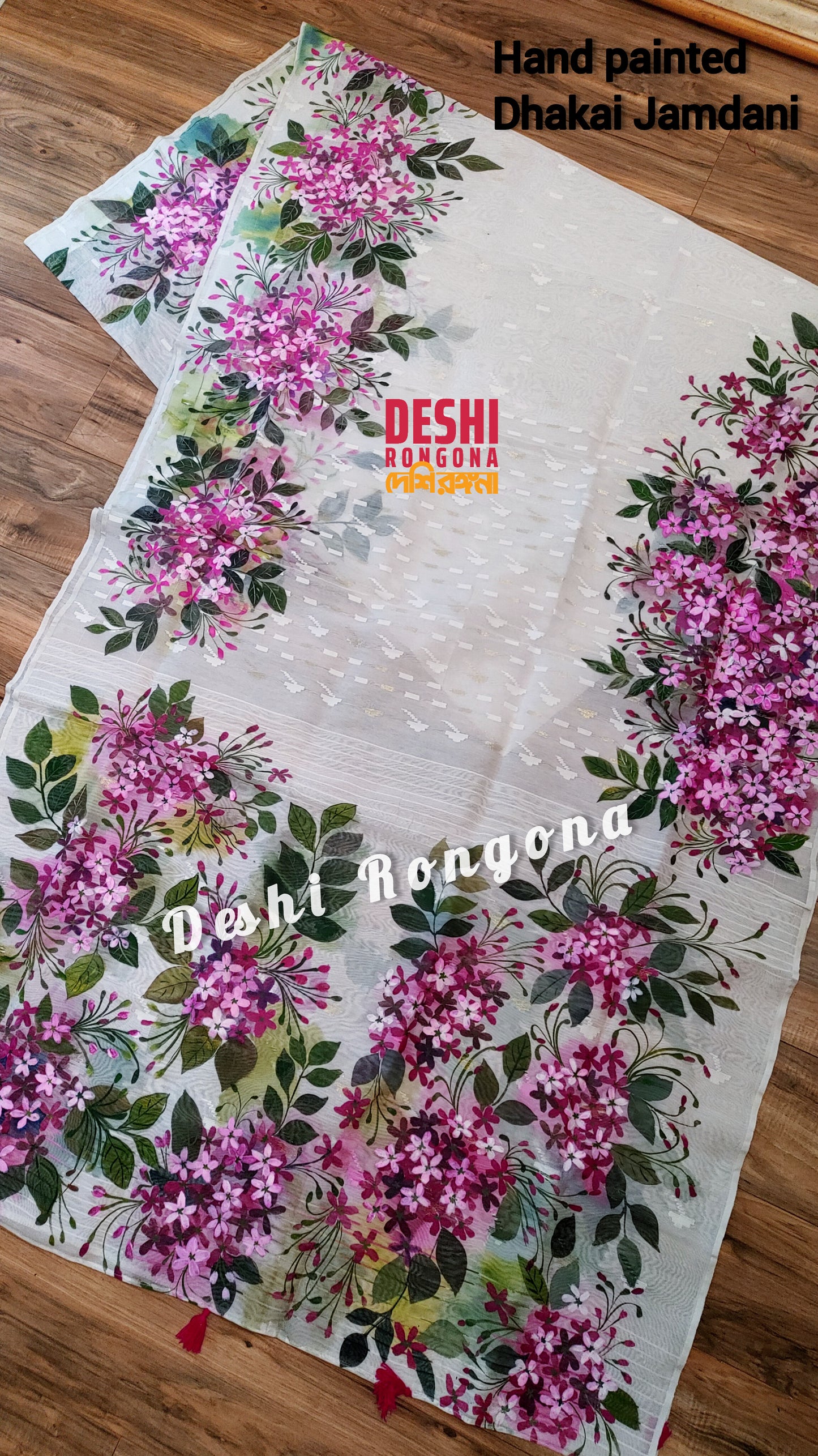 Handpainted Jamdani, Original Dhakai Saree | Madhobi (honeysuckle) Theme