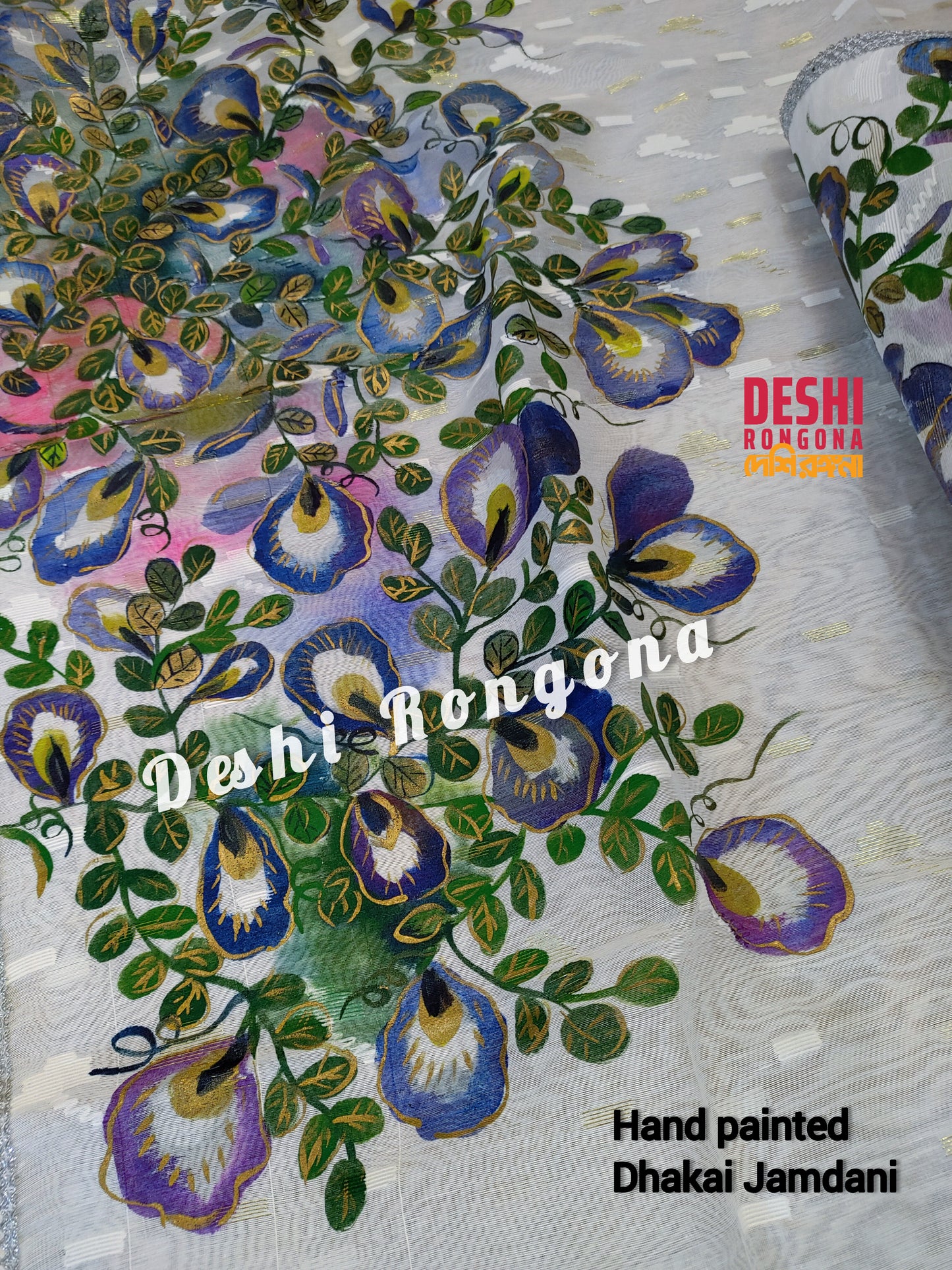 Handpainted Jamdani, Original Dhakai Saree | Blue Oporajita (Pea Flower) Theme