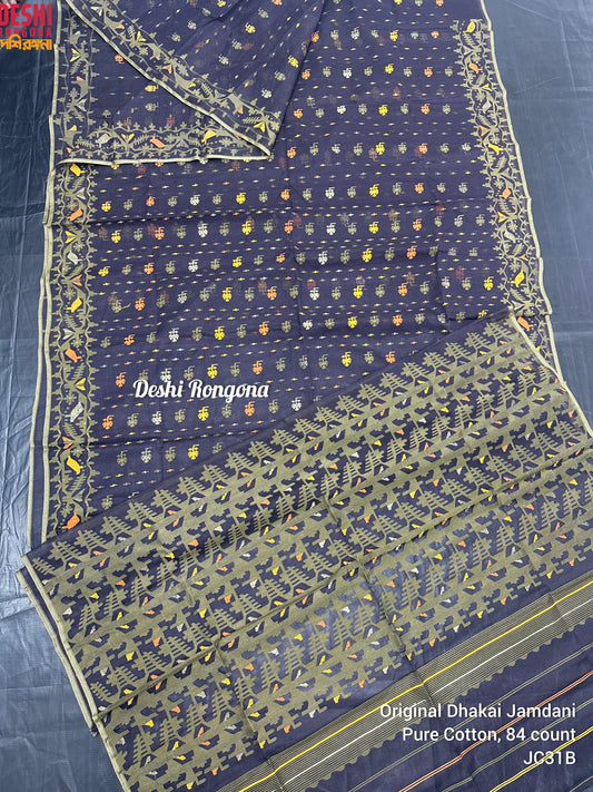 Elegant Dhakai Jamdani Saree, Classic Surma Black