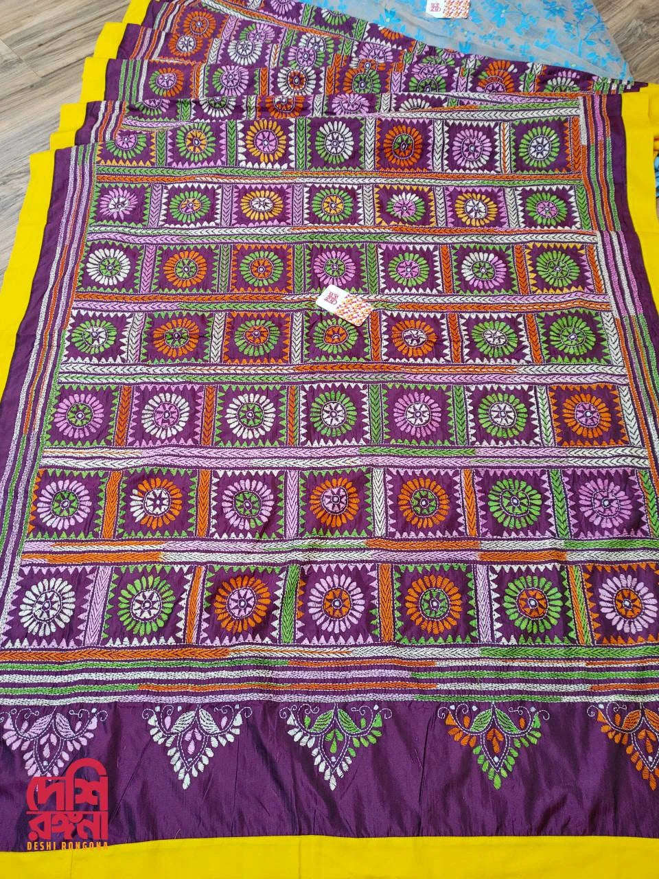 Burgundy & Blue Jam-Kantha Saree in Silk & Jamdani