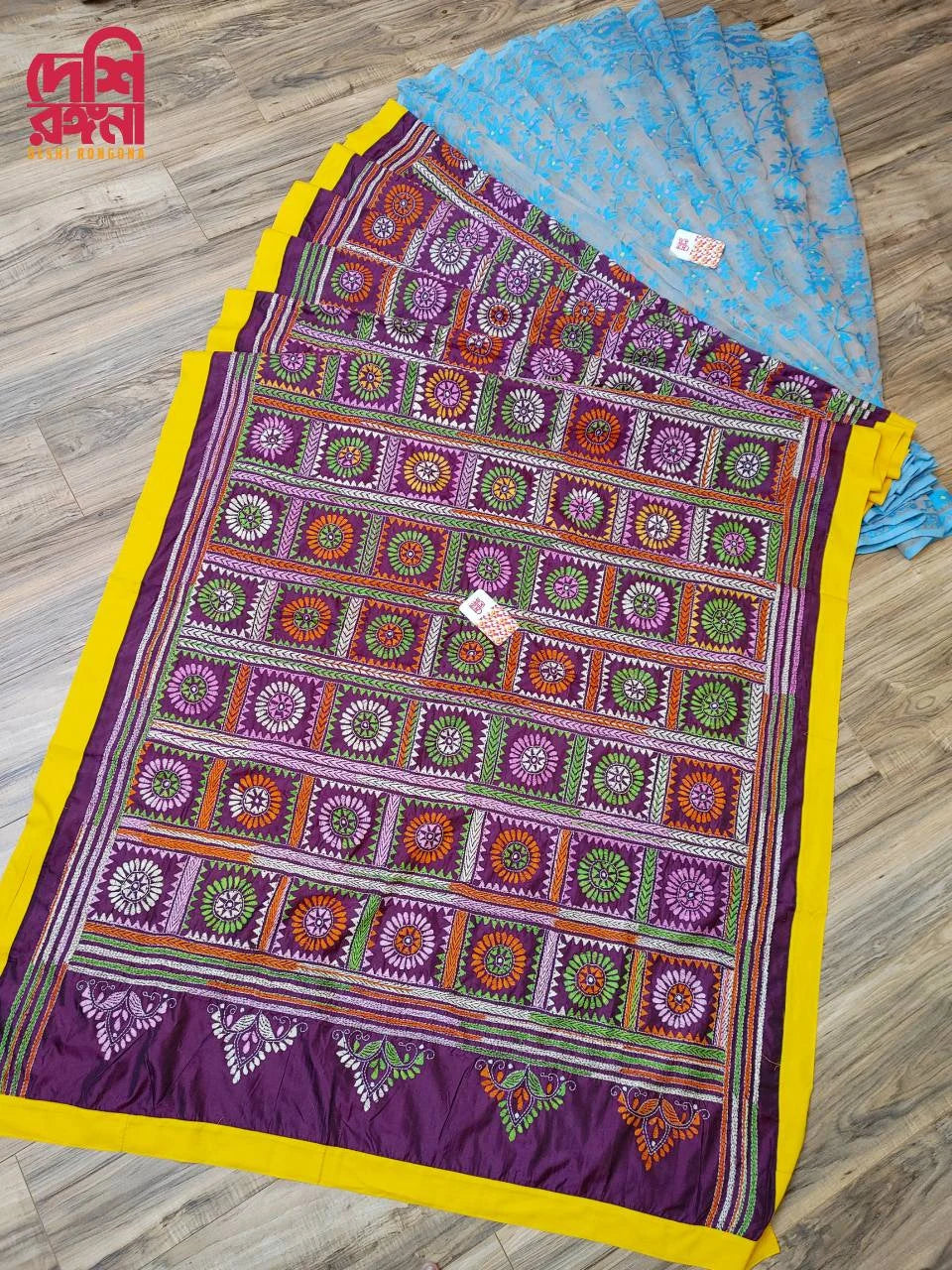 Burgundy & Blue Jam-Kantha Saree in Silk & Jamdani