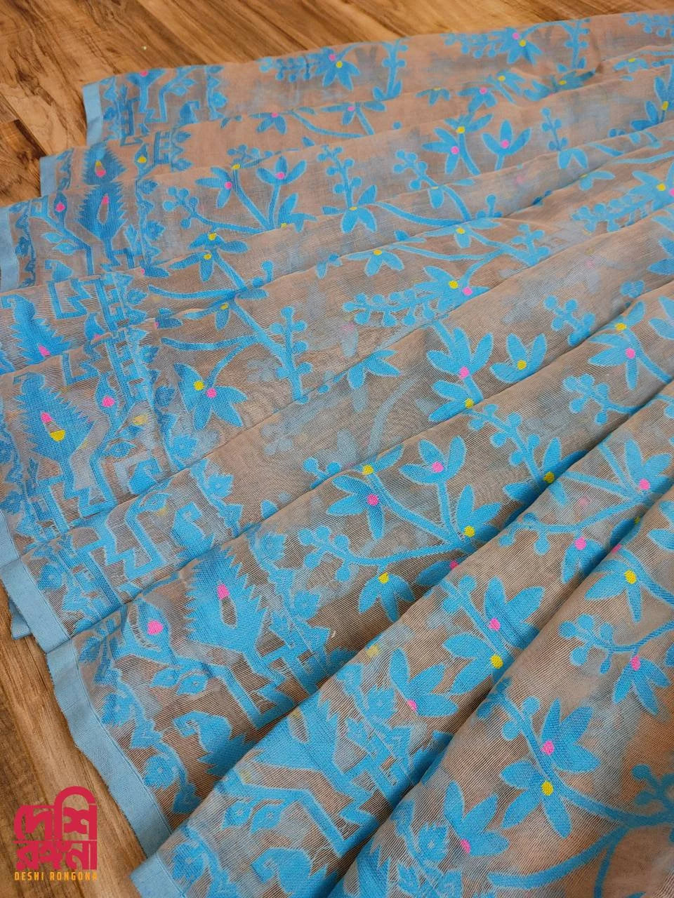 Burgundy & Blue Jam-Kantha Saree in Silk & Jamdani