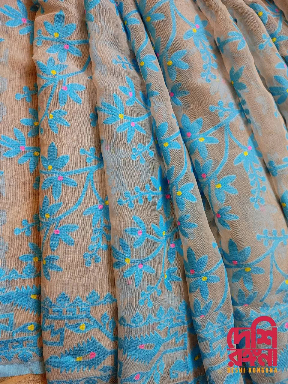 Burgundy & Blue Jam-Kantha Saree in Silk & Jamdani