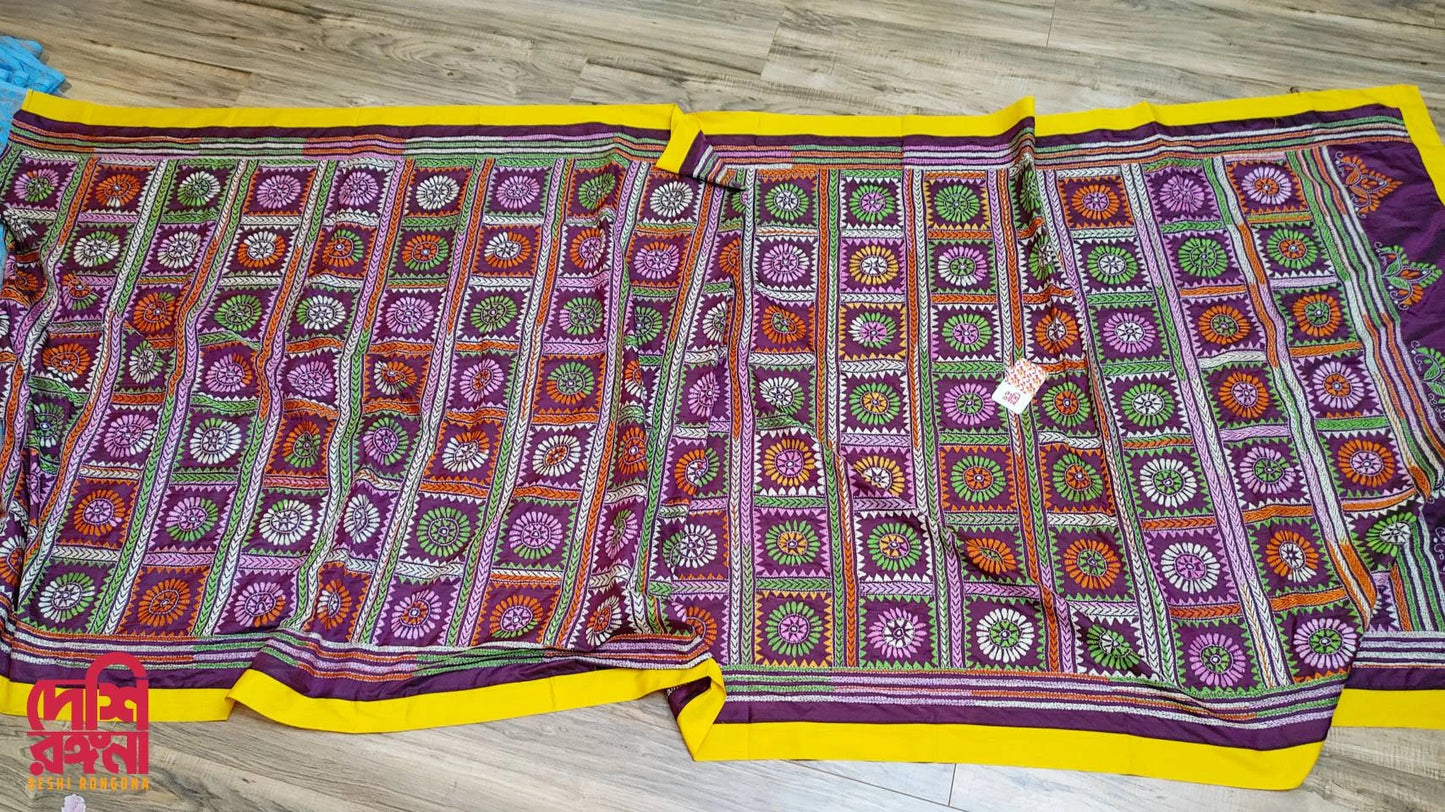 Burgundy & Blue Jam-Kantha Saree in Silk & Jamdani