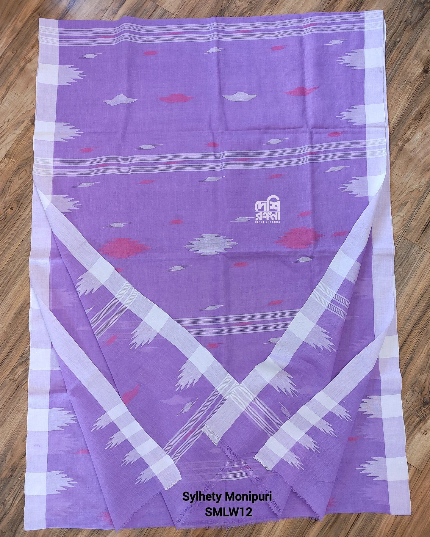 Sylheti Monipuri Handwoven Soft Cotton Saree – Lavender & White