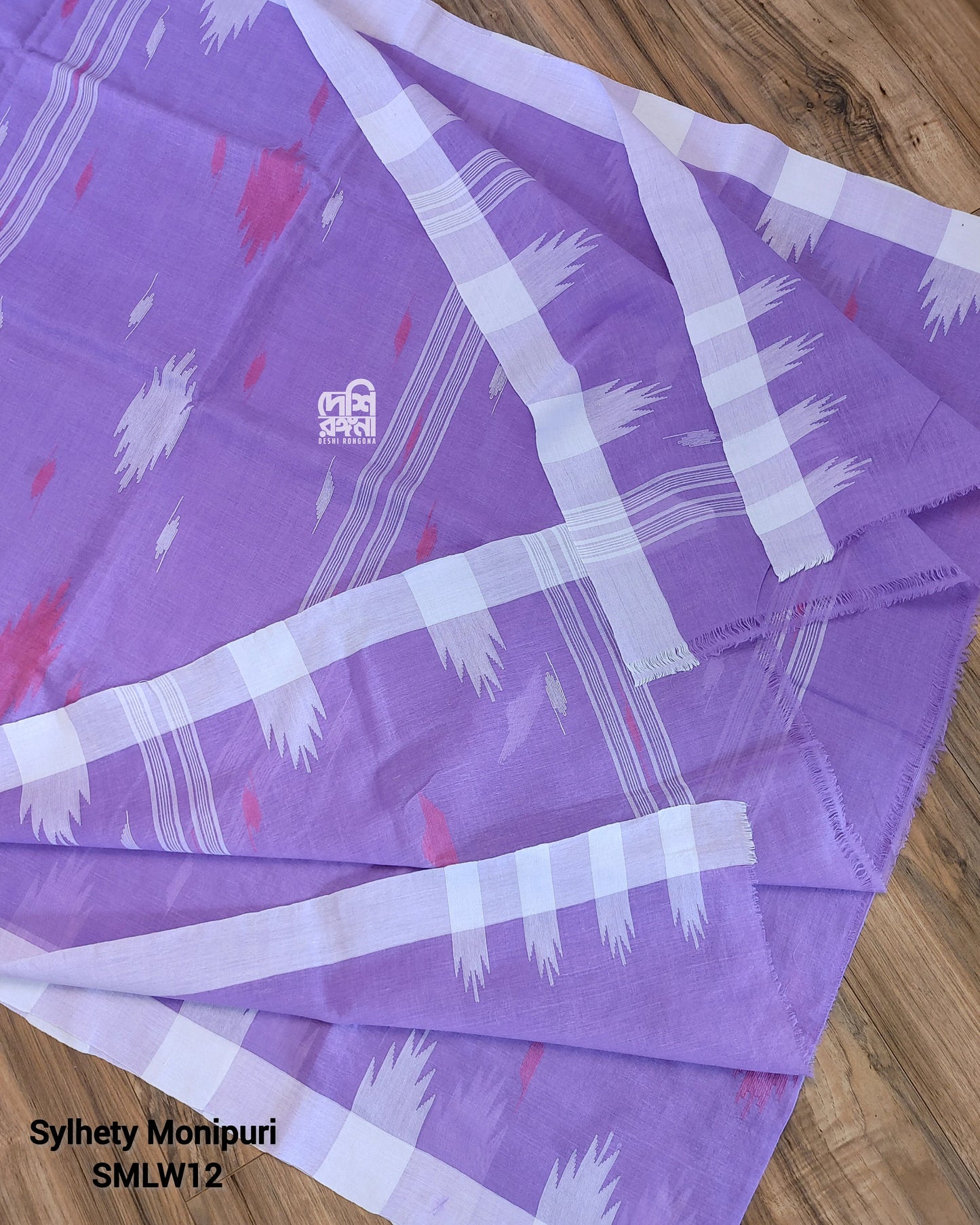 Sylheti Monipuri Handwoven Soft Cotton Saree – Lavender & White