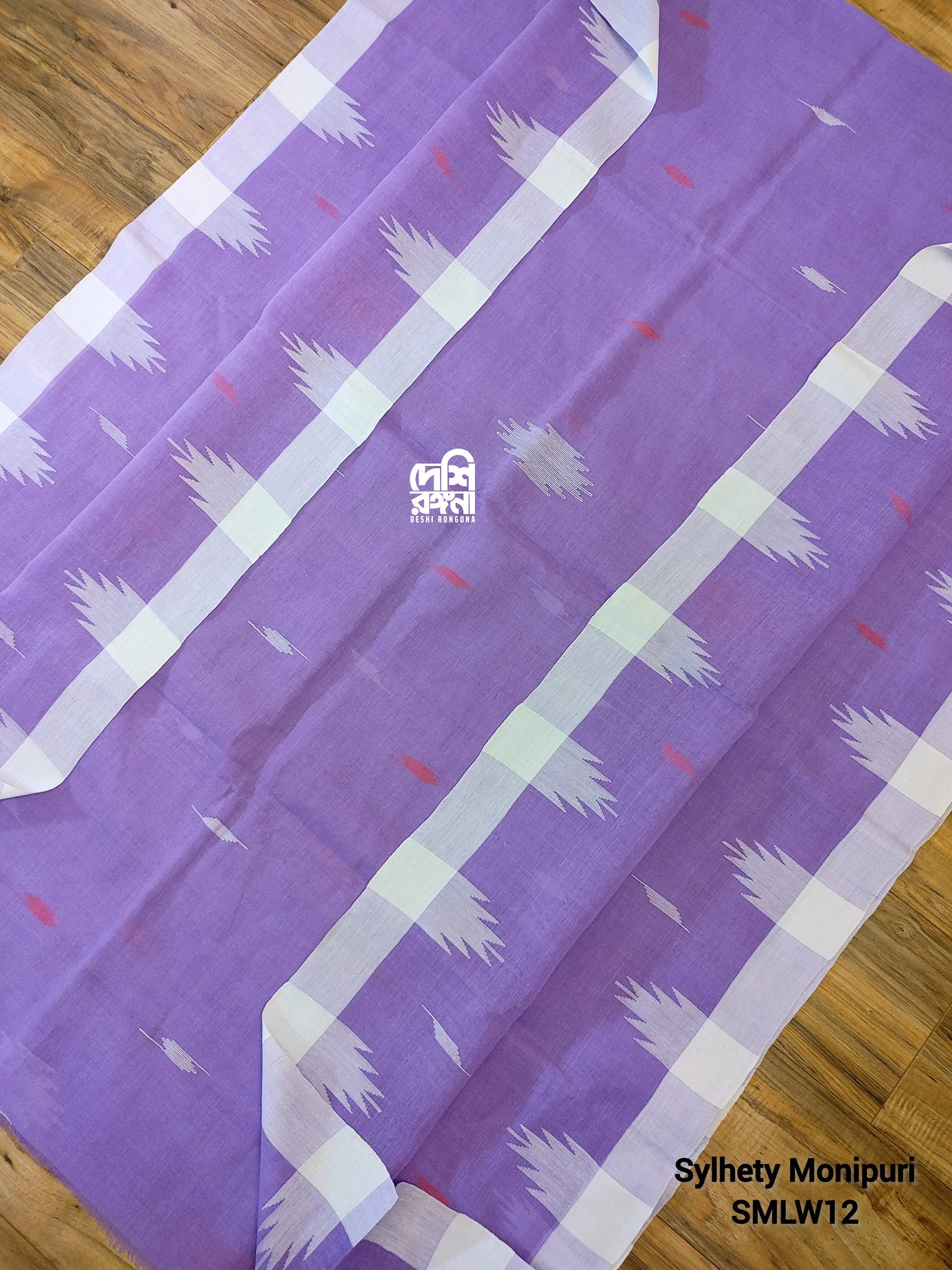 Sylheti Monipuri Handwoven Soft Cotton Saree – Lavender & White