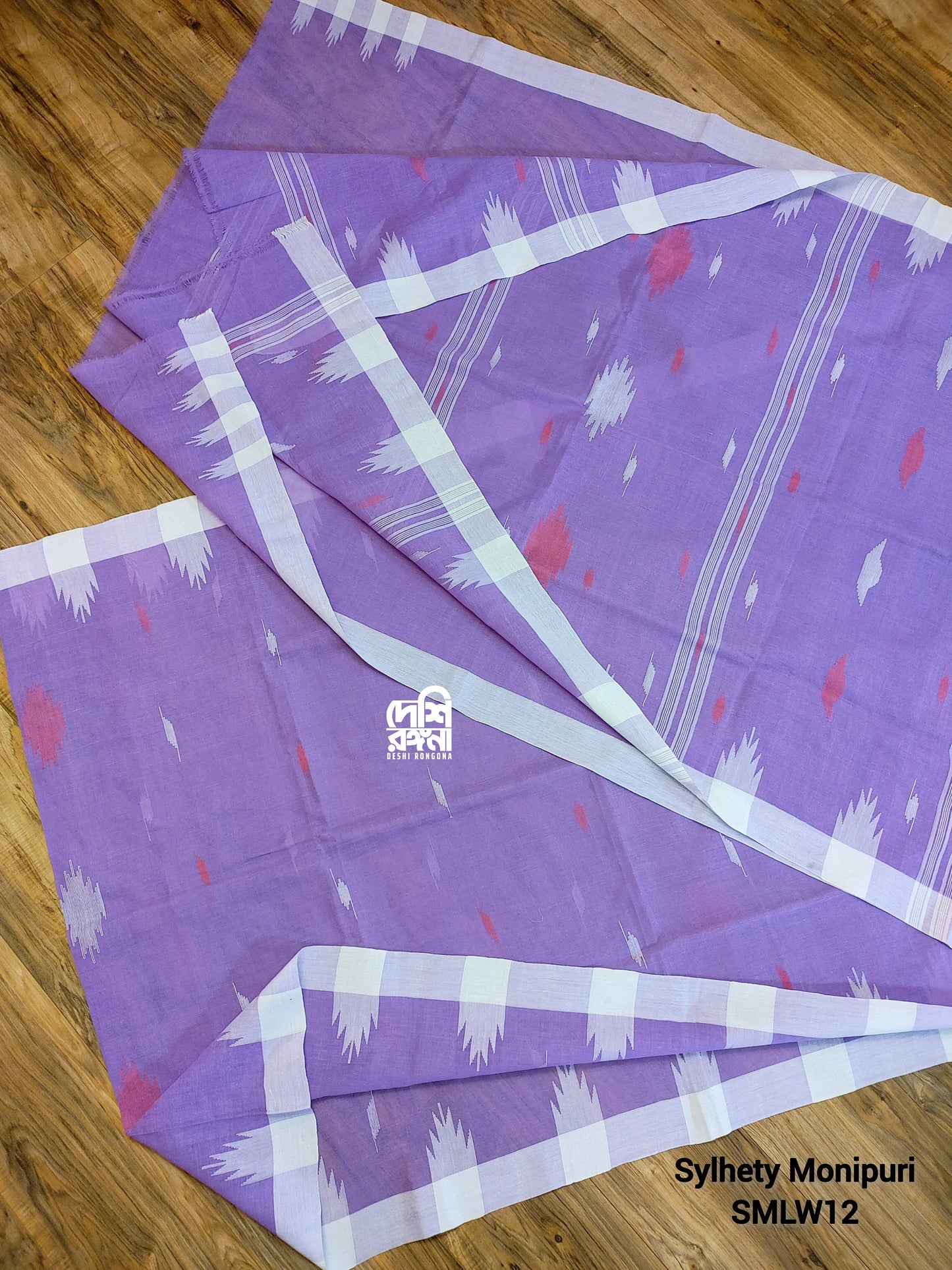 Sylheti Monipuri Handwoven Soft Cotton Saree – Lavender & White