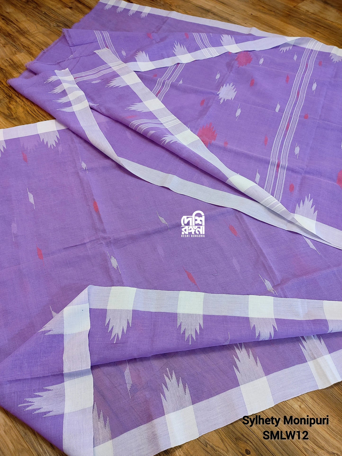 Sylheti Monipuri Handwoven Soft Cotton Saree – Lavender & White