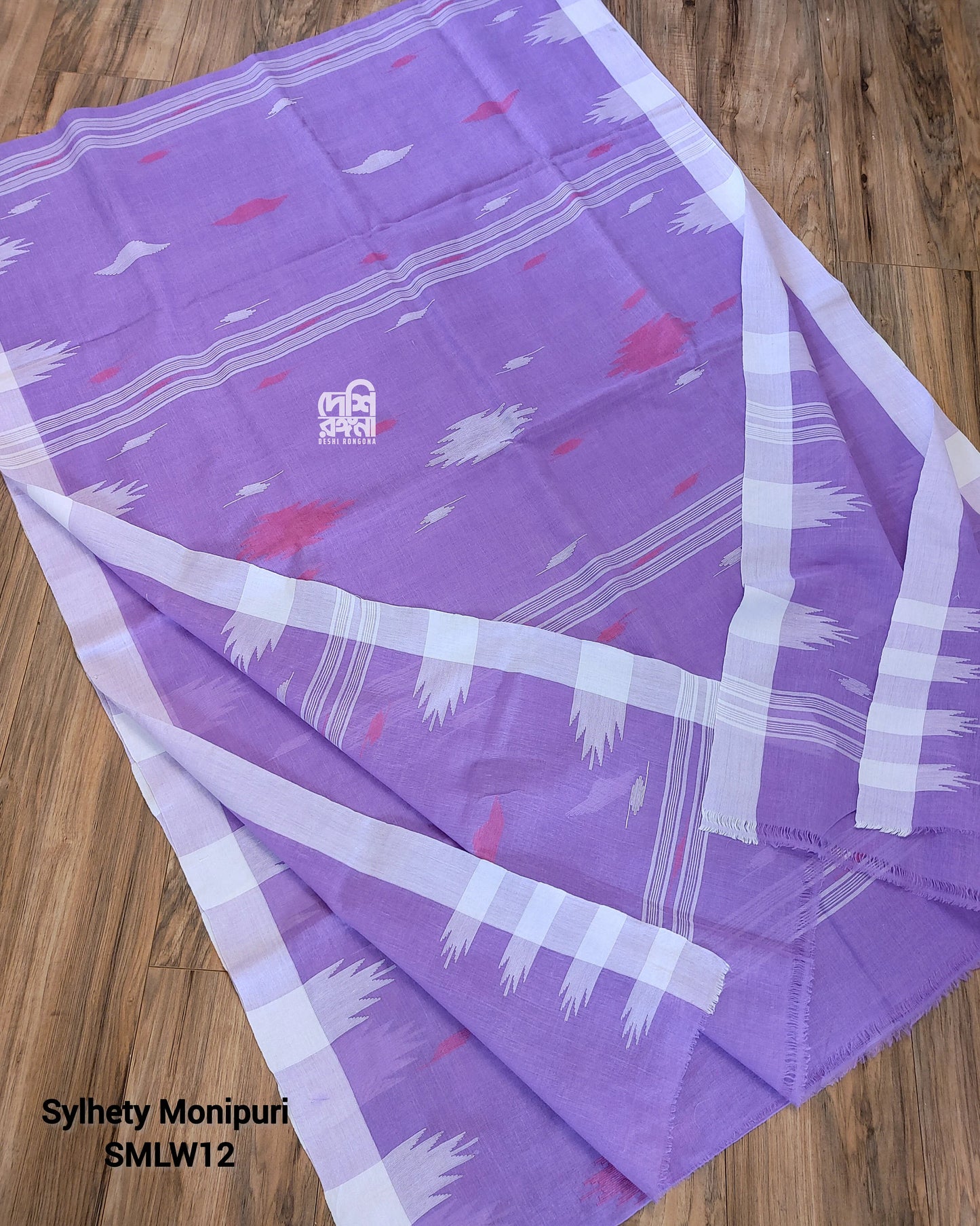 Sylheti Monipuri Handwoven Soft Cotton Saree – Lavender & White