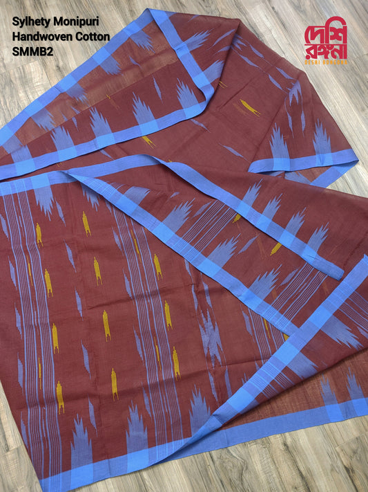 Maroon Monipuri Cotton Saree with Blue Woven Border