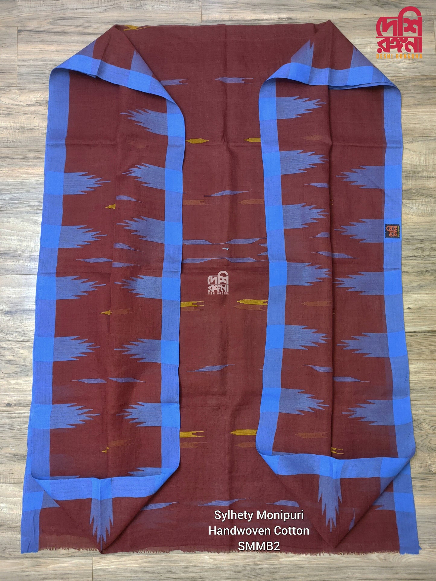 Maroon Monipuri Cotton Saree with Blue Woven Border