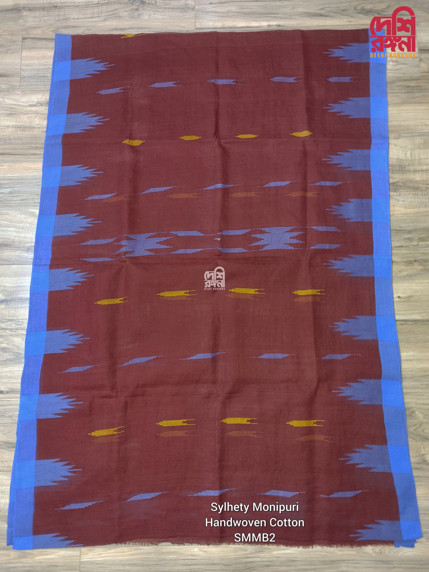 Maroon Monipuri Cotton Saree with Blue Woven Border