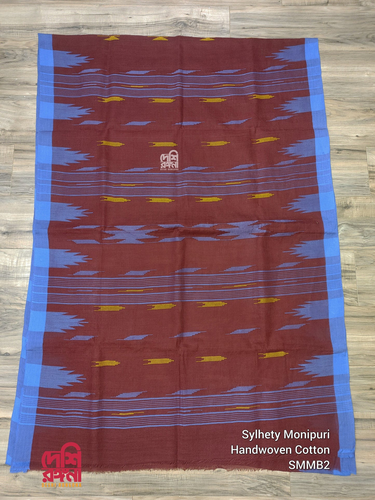 Maroon Monipuri Cotton Saree with Blue Woven Border