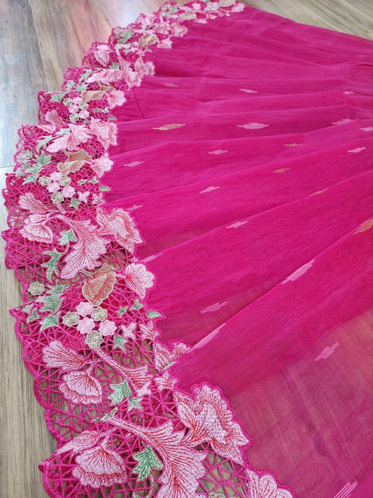 Magenta Cutwork Dhakai Jamdani – Hand Embroidered
