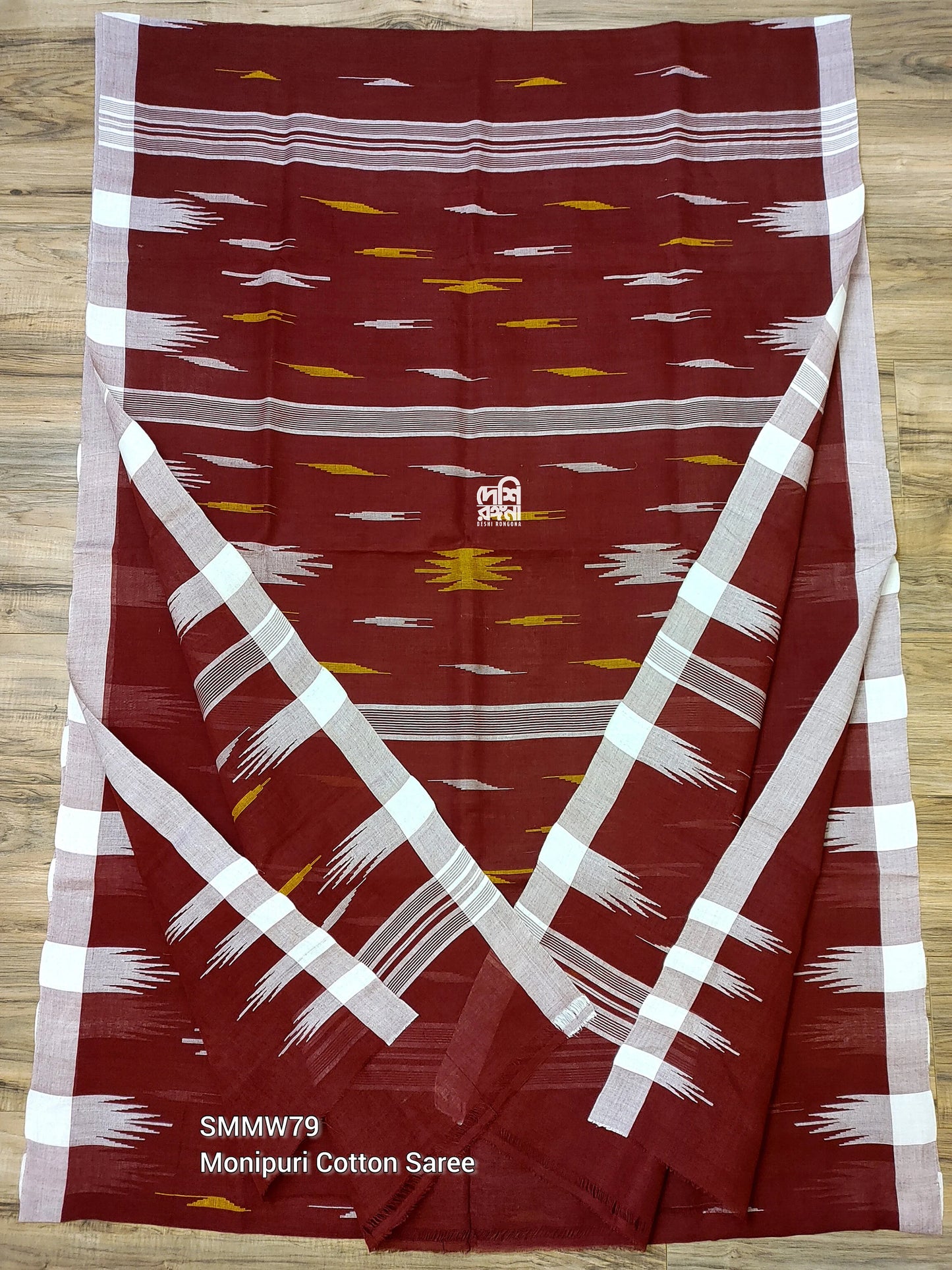 Sylheti Monipuri Handwoven Saree – Maroon & White Border