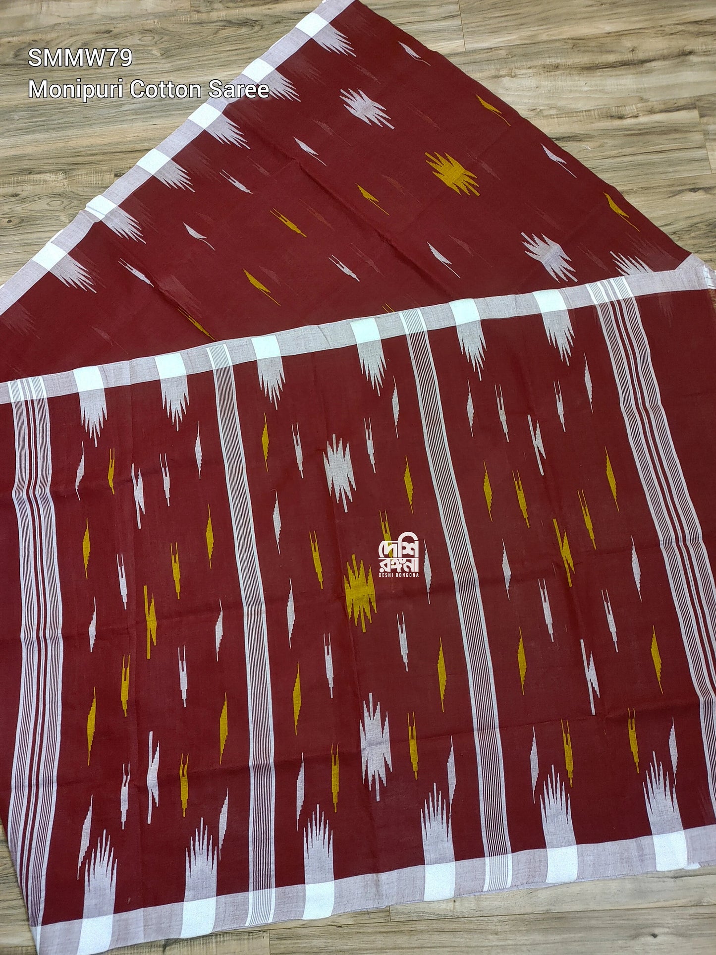 Sylheti Monipuri Handwoven Saree – Maroon & White Border