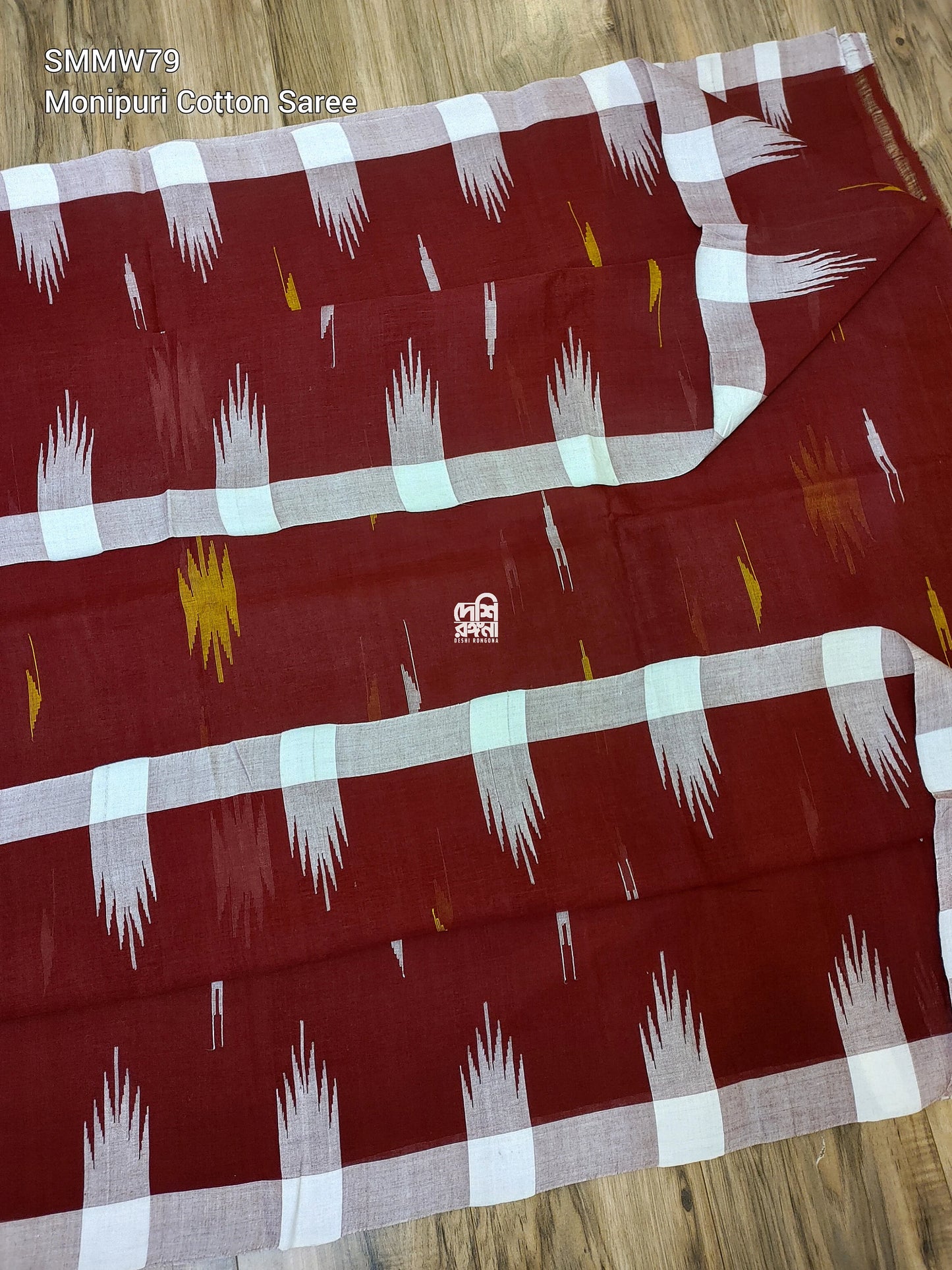 Sylheti Monipuri Handwoven Saree – Maroon & White Border
