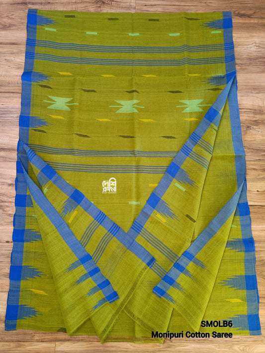 Olive Monipuri Cotton Saree with Blue Woven Border