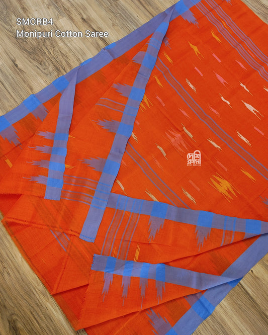 Sylheti Monipuri Handwoven Cotton Saree – Orange & Neon Blue Border