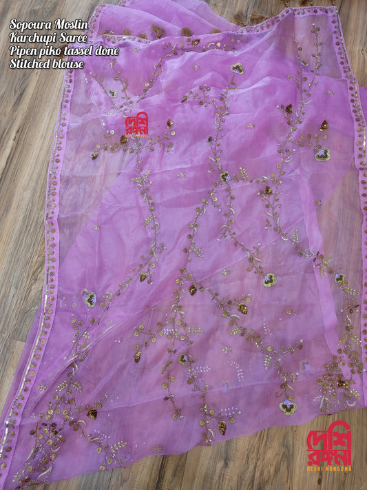 Original Moslin Hand Karchupi work Saree, Lavender Dream